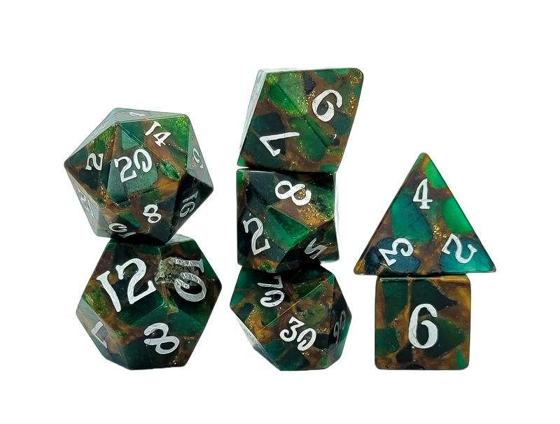 Gold Foil Green Mosaic Trustone RPG Dice 7 Set