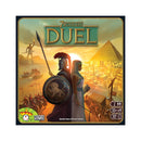Front of 7 wonders Duel. Showing Spartan warrior and a Greek woman. 2 players. Ages 10+. 30 minute game.