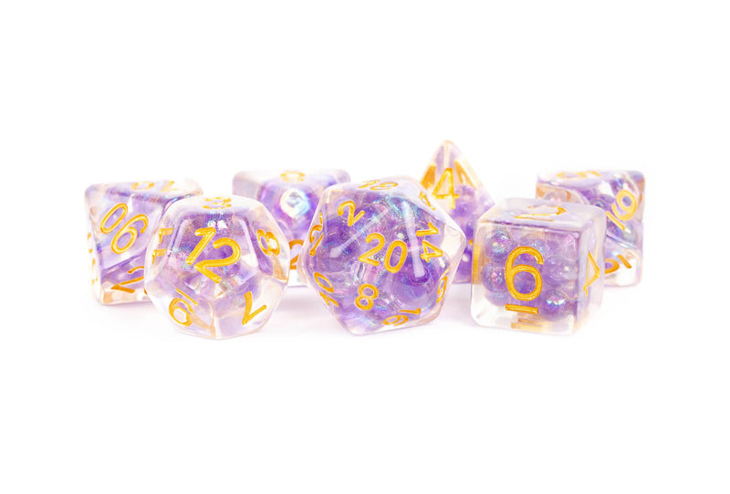 Pearl Resin: 16mm Polyhedral - Purple with Gold Numbers (7)
