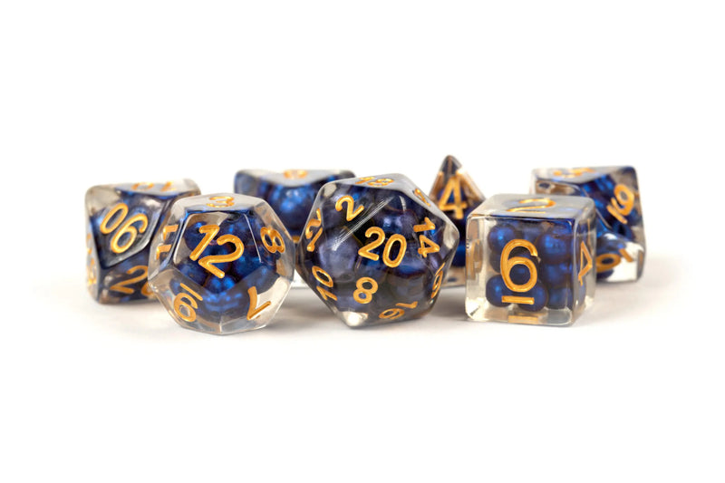 Pearl Resin: 16mm Polyhedral - Royal Blue with Gold Numbers (7)