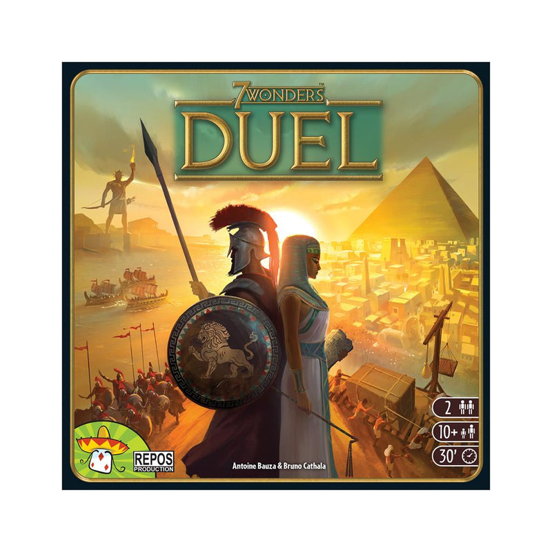 Front of 7 wonders Duel. Showing Spartan warrior and a Greek woman. 2 players. Ages 10+. 30 minute game.