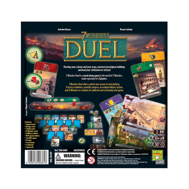 Back of 7 wonders Duel box. Game play, box contents