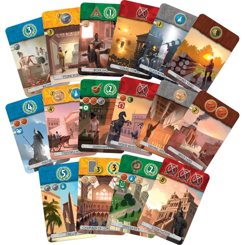 Display of game cards for 7 Wonders Duel.