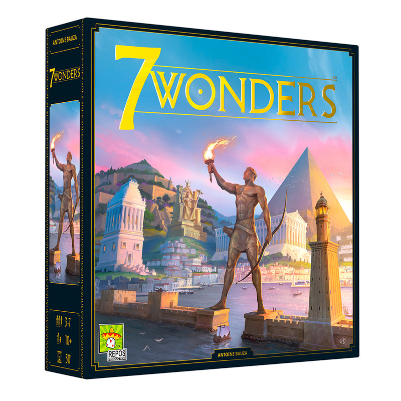 7 Wonders box lid. Statue with torch stands in front of Egyptian city and pyramid