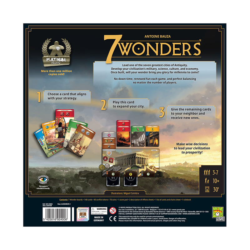 7 Wonders back of box. Shows game cards and description of game play. 