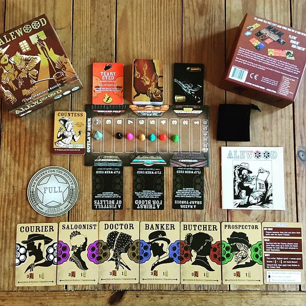 Contents of Alewood box. Game board, tokens, cards