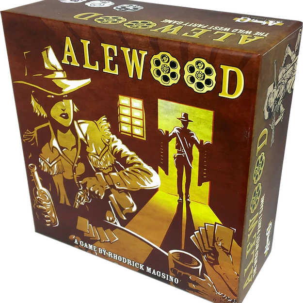 Box lid of Alewood. Faceless man walks into a saloon and a woman cowboy drawing a gun