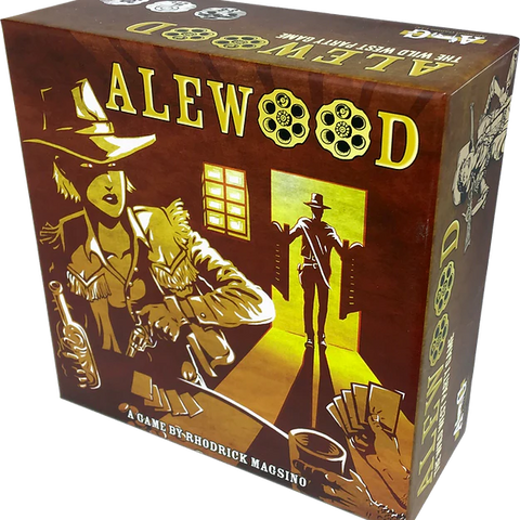 Box lid of Alewood. Faceless man walks into a saloon and a woman cowboy drawing a gun