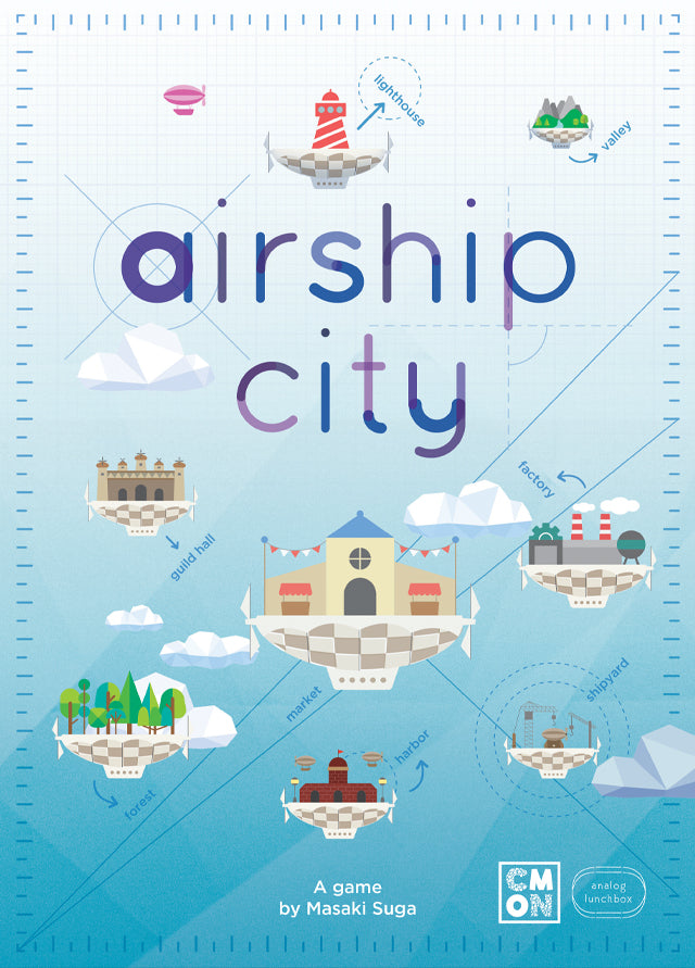 Box lid of airship city. Buildings floating and clouds.