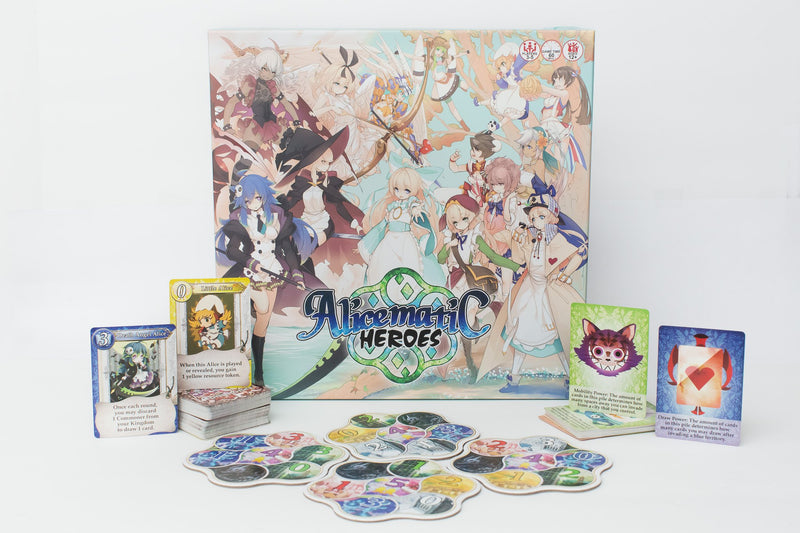 Alicematic Heroes box lid showing many female anime characters in different costumes. Modular board and game cards.