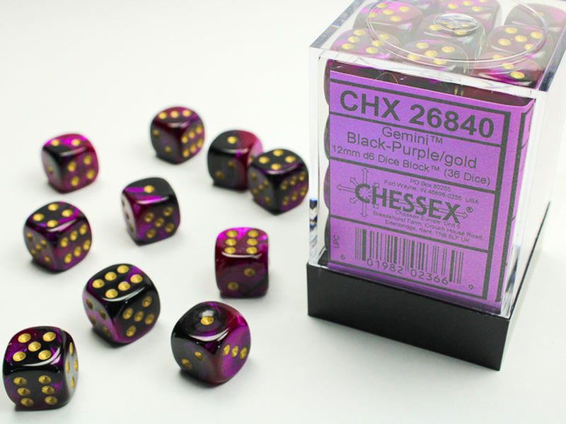 Gemini: 12mm D6 Black Purple/Gold (36)