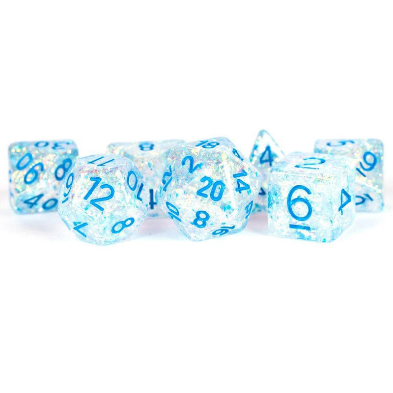 Resin Flash Dice: 16mm Polyhedral Set - Clear/Light Blue Numbers (7)