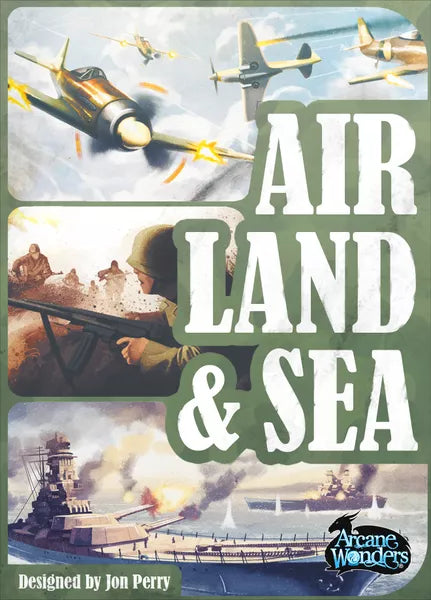 Box lid of land air & sea. Dog fighting planes, trench warfare, ship to ship fight.